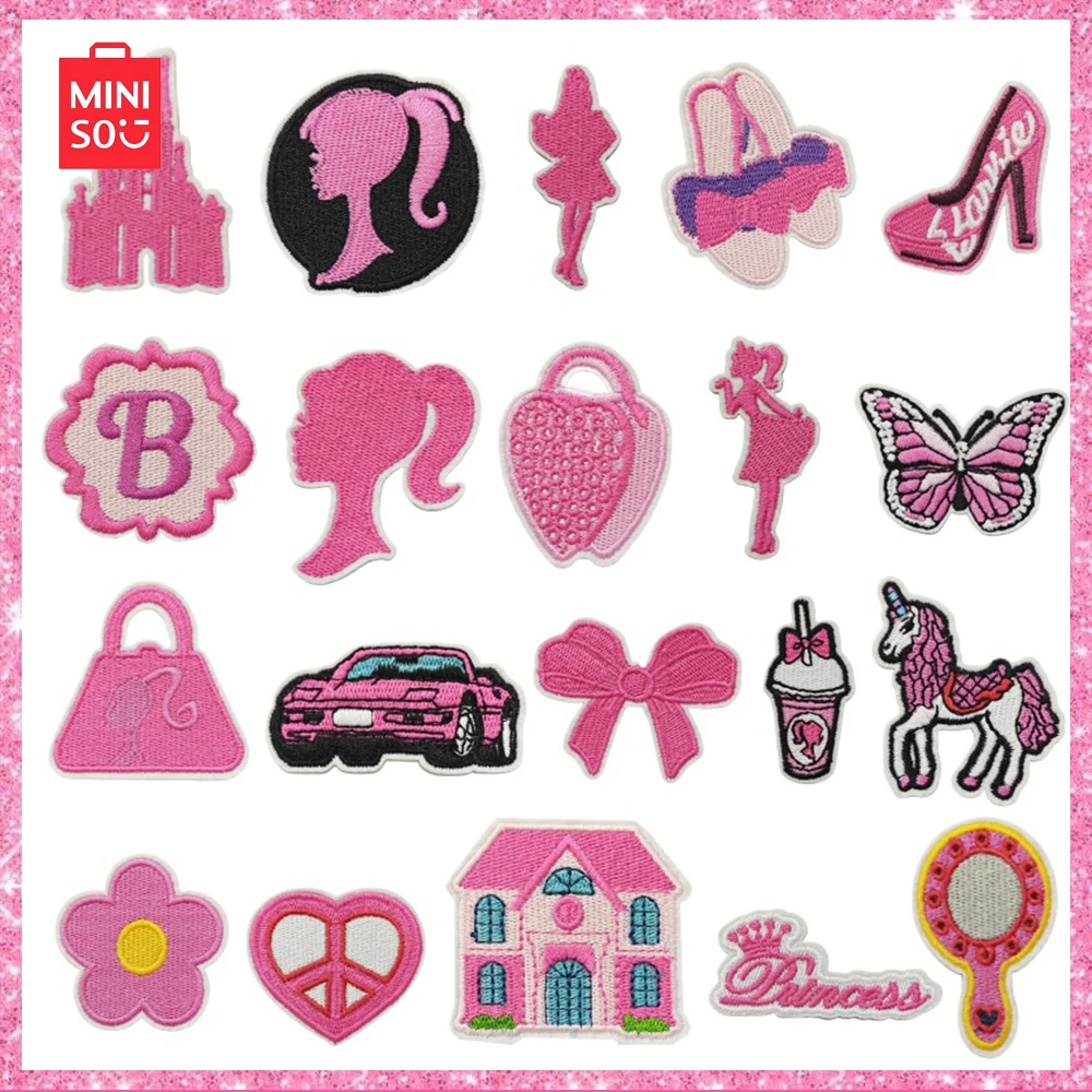 Miniso New Barbie Pink Cartoon Cute Girl Fabric Sticker Doll Bow Element Embroidery Label Clothing Accessory Applique Hole Patch