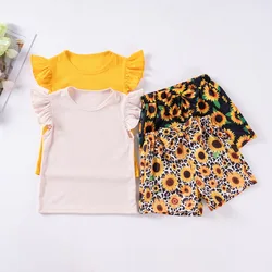 Toddler Girls Summer 2024 Fly Sleeve Ruffled Sunflower Short Sleeve+shorts 2pc Clothes Sets Leopard Casual Children's Outfits