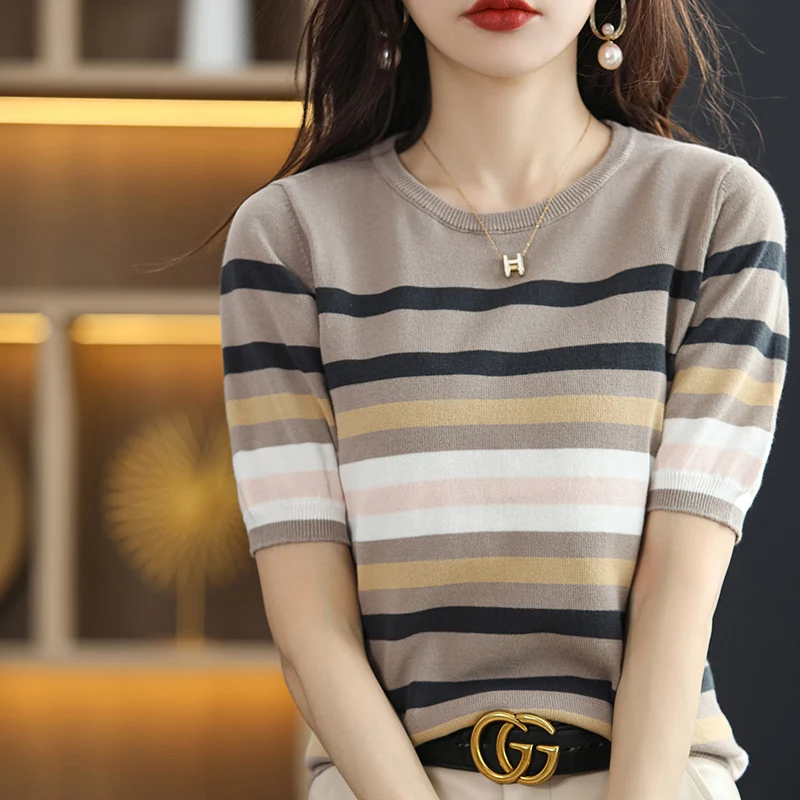 Summer New Short-sleeved Women O-Neck Slim 100% Cotton Striped Pullover Vest T-shirt Knitted Base Casual Comfortable Sweater