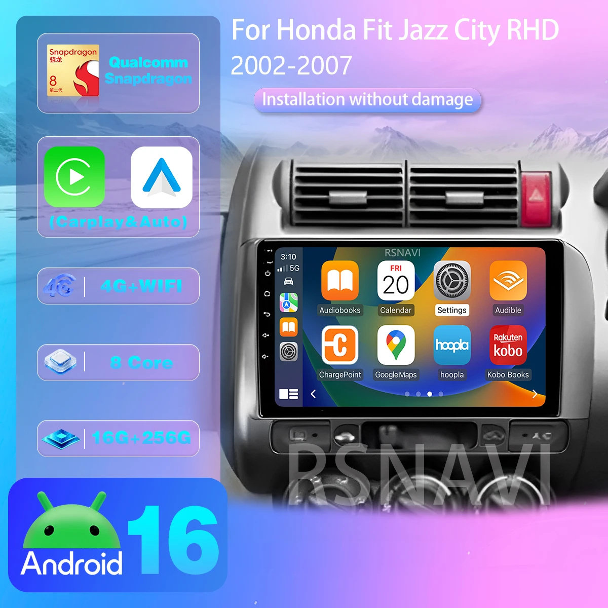 Android 16 Carplay Auto Car Radio Multimedia Player For Honda Jazz 1 GD Fit 2001-2009 RHD Autoradio Stereo Head Unit Qualcomm BT