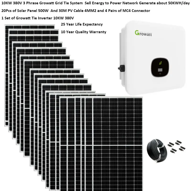 Solar Panel Kit Complete For Home 10000 w 5000w 380V 3 Phrase220v On Grid System Growatt Grid Tie Inverter  2 MPPT PV Panel 500W