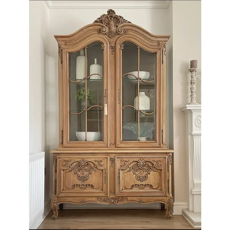 Solid wood carving flower meal villa side cabinet French multi-layer bookcase bookshelf retro old living room wine cabinet