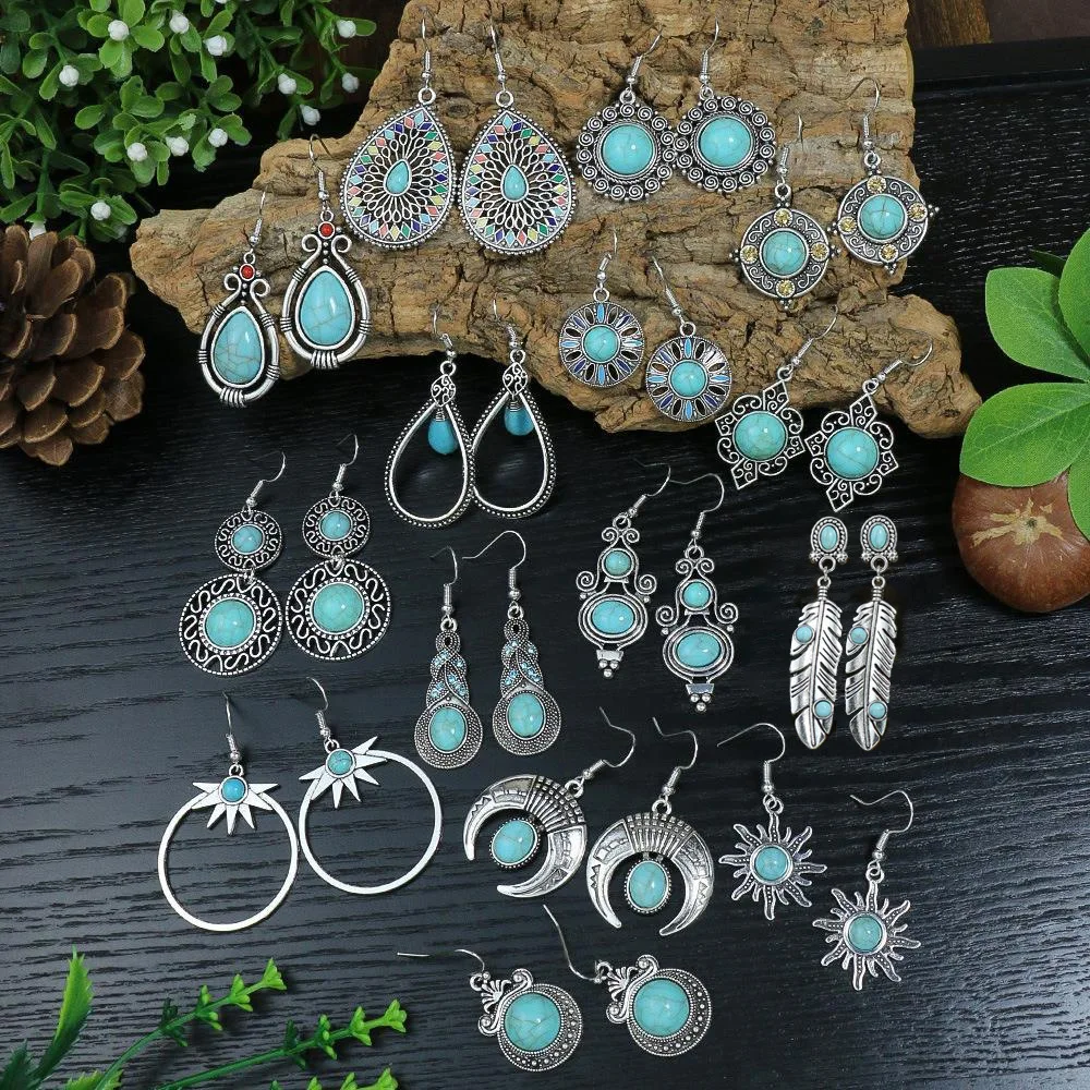 Turquoise Earrings New Bohemian Tassel Earrings Geometric Alloy Retro Style Women\'s Antique Jewelry Exaggerating Earrings