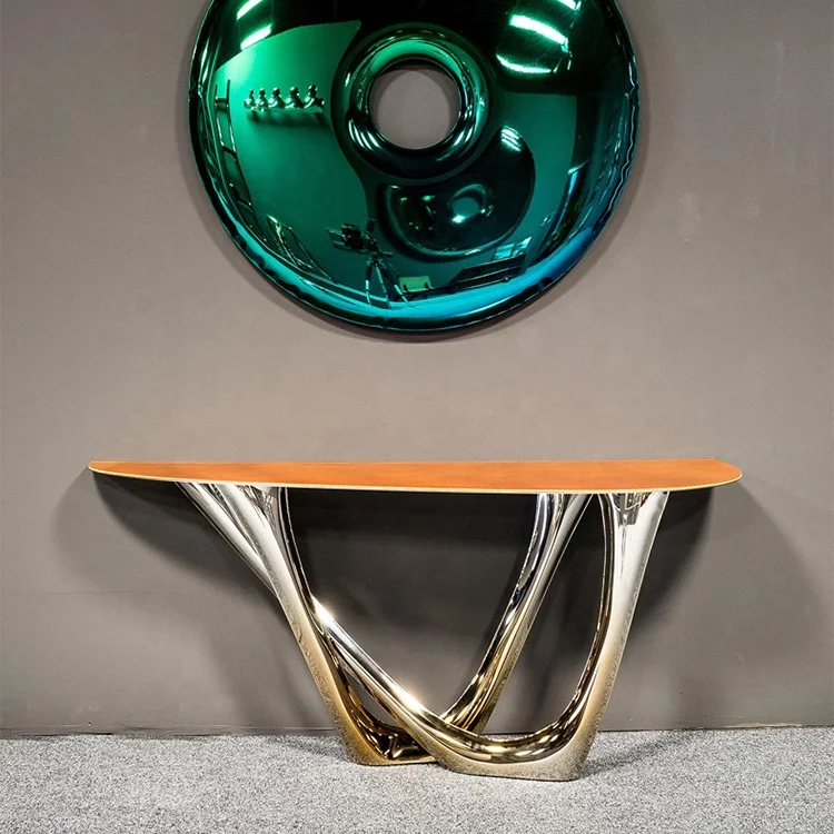 Designer Art Contemporary Stainless Steel Wood Baking Top Modern Console Table Luxury Handmade Easy Clean Living Room Hotel