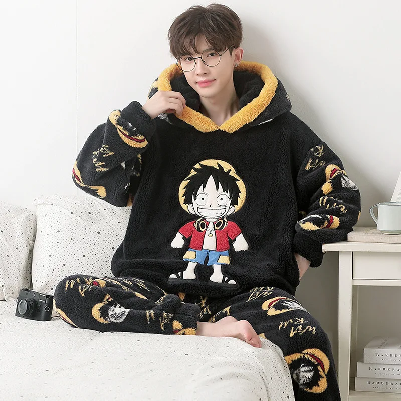 ONE PIECE Luffy Plush Pajamas Winter Anime Men Thickened Coral Velvet Warm Sleepwear Set Cartoon Hooded Top Homewear Nightshirt