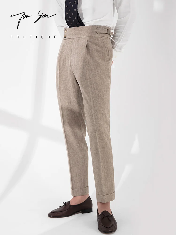 

Khaki Naples Slim Fit Men's Trousers High Waist Drapey Busin Casual Striped Long Pants Faionable Straight Leg Pants