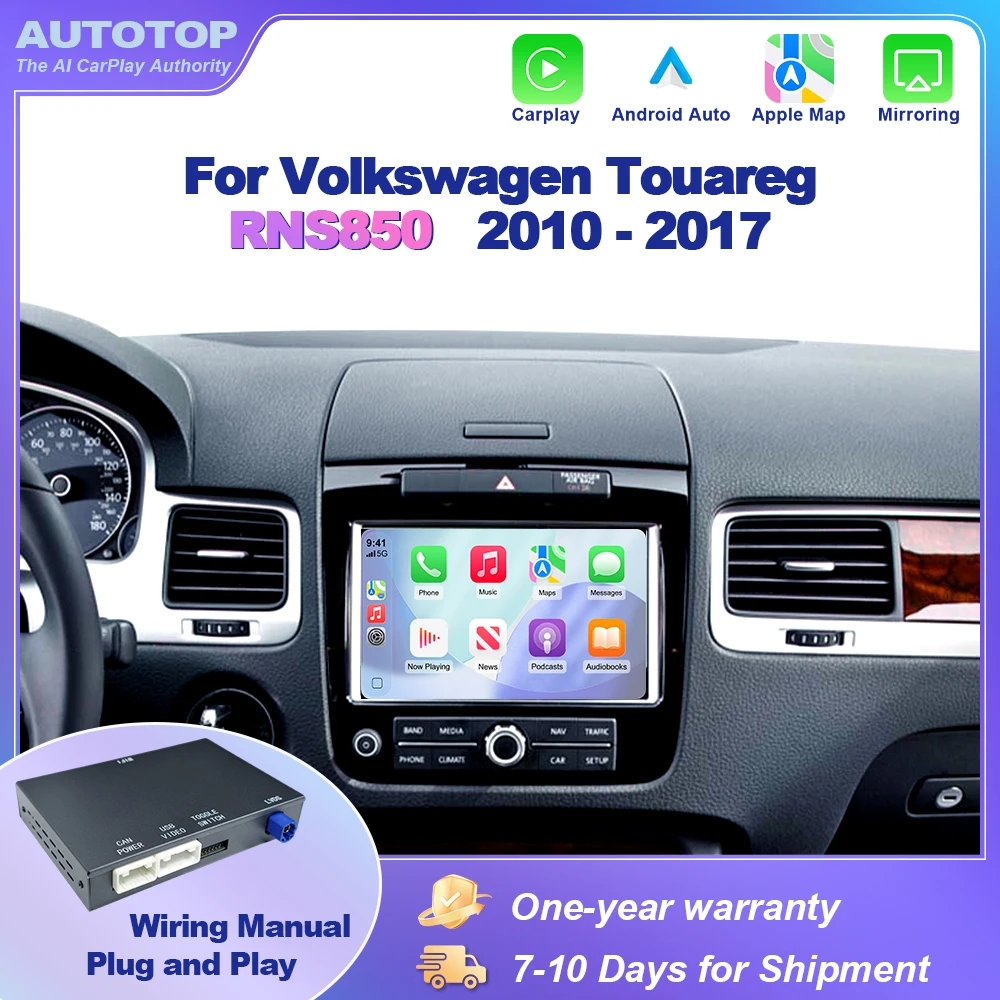 AUTOTOP CarPlay Android Auto Nachrüstbox für VW Volkswagen Touareg 2010-2017 RNS850, kabelloses AirPlay MirrorLink Navigationsmodul, mit Beibehaltung der originalen Parksensoren und der werkseitigen