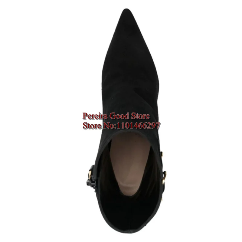 Double Belt Buckle Strap Pointed Toe Woman Ankle Booties Black Suede Leather Wedge Heels Short Modern Runway Shoes