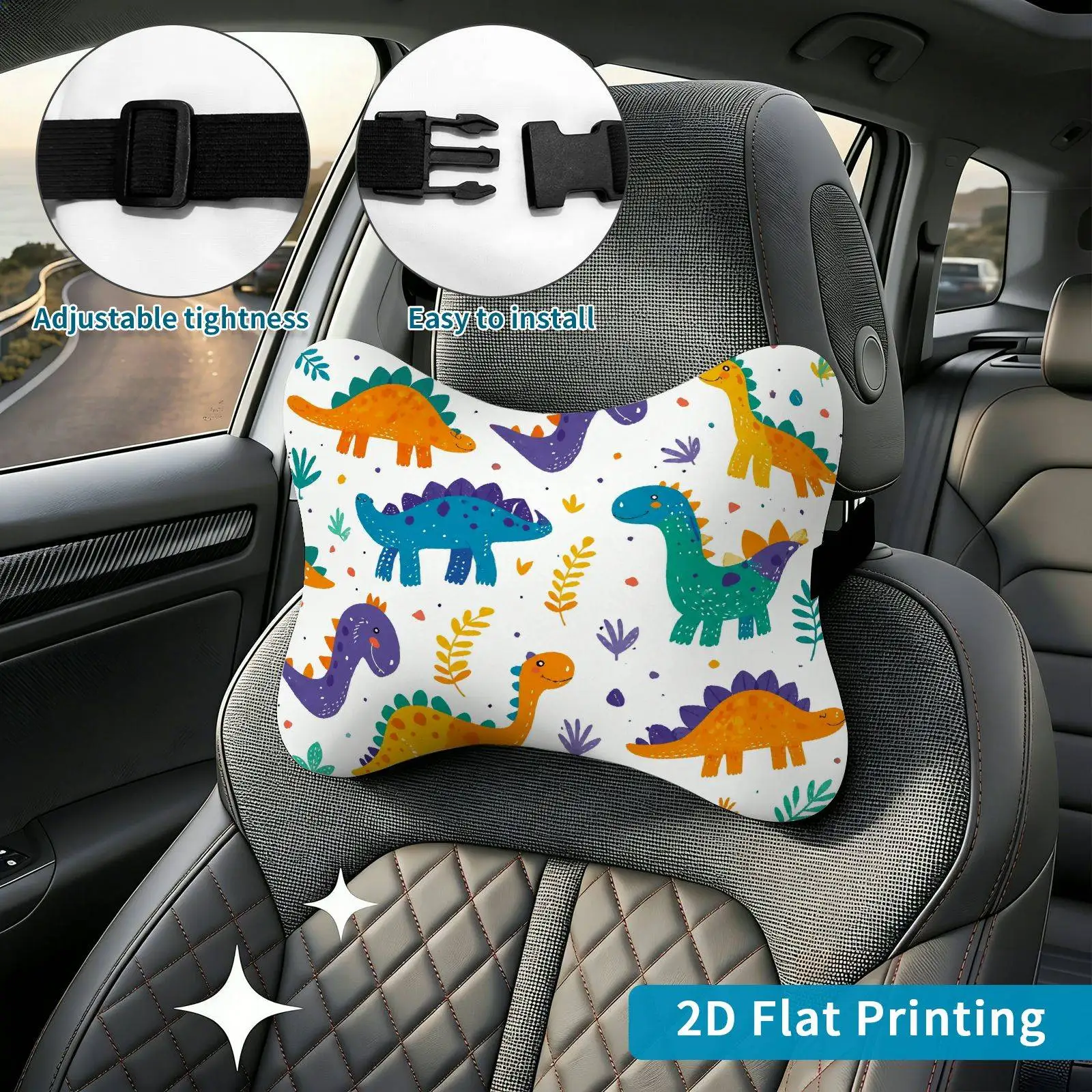 2pcs Dinosaurs Colorful Pattern Car Seat Headrest, Neck Support Cushion, Suitable For All Seasons Of Car Additions, Dinosaurs Th