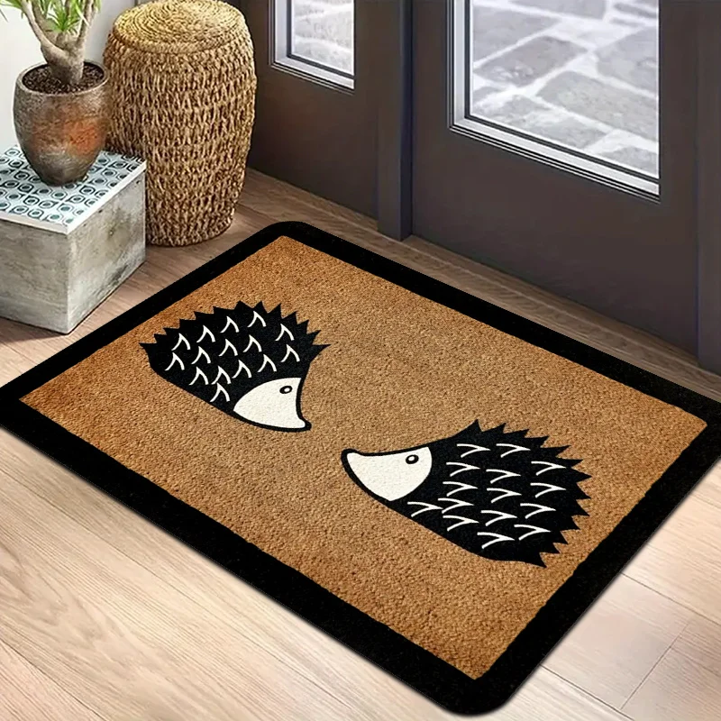 A Cute Hedgehog Patterned Doormat, Suitable for The Front Door As a Welcome Mat, Non-Slip, Machine Washable, And Oversized. It