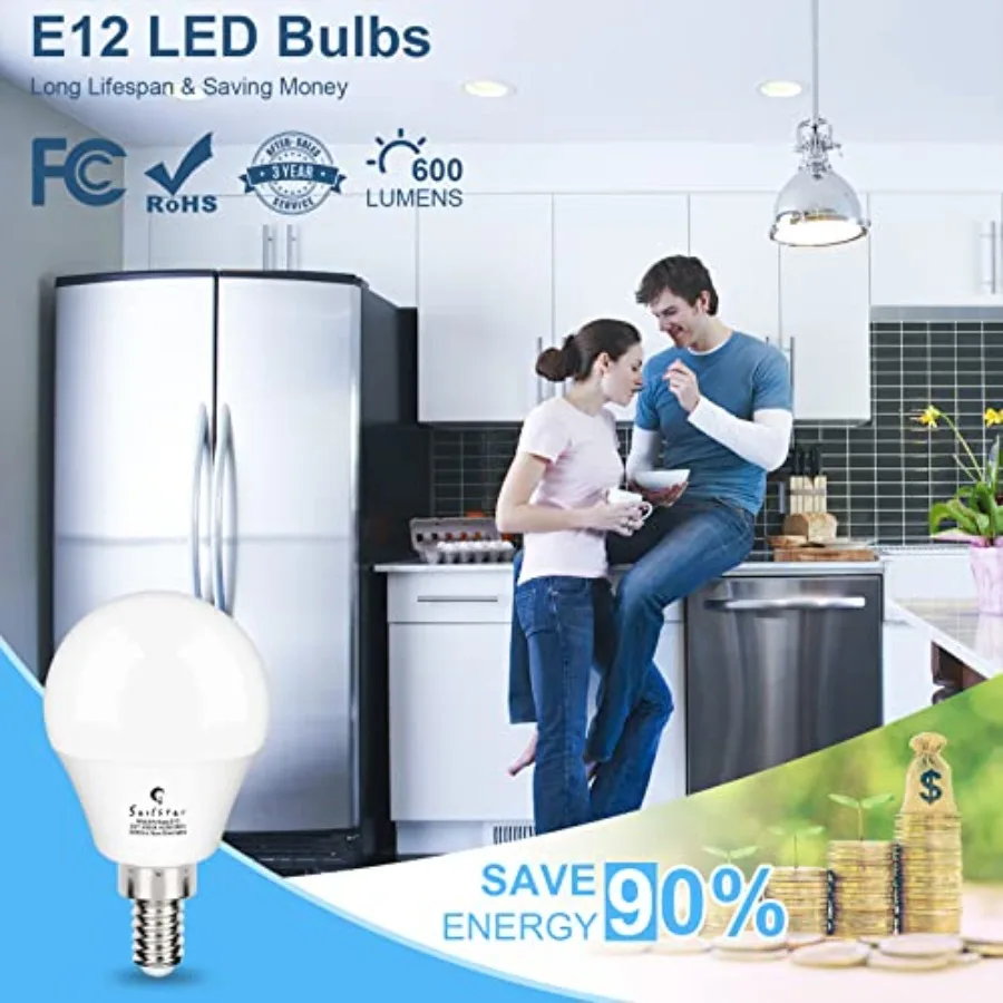 Candelabra LED Light Bulbs 60-Watt Equivalent,,E12 Candelabra Base, 6 Watt A15 LED Bulbs for Ceiling Fan, Vanity Mirror Light 6