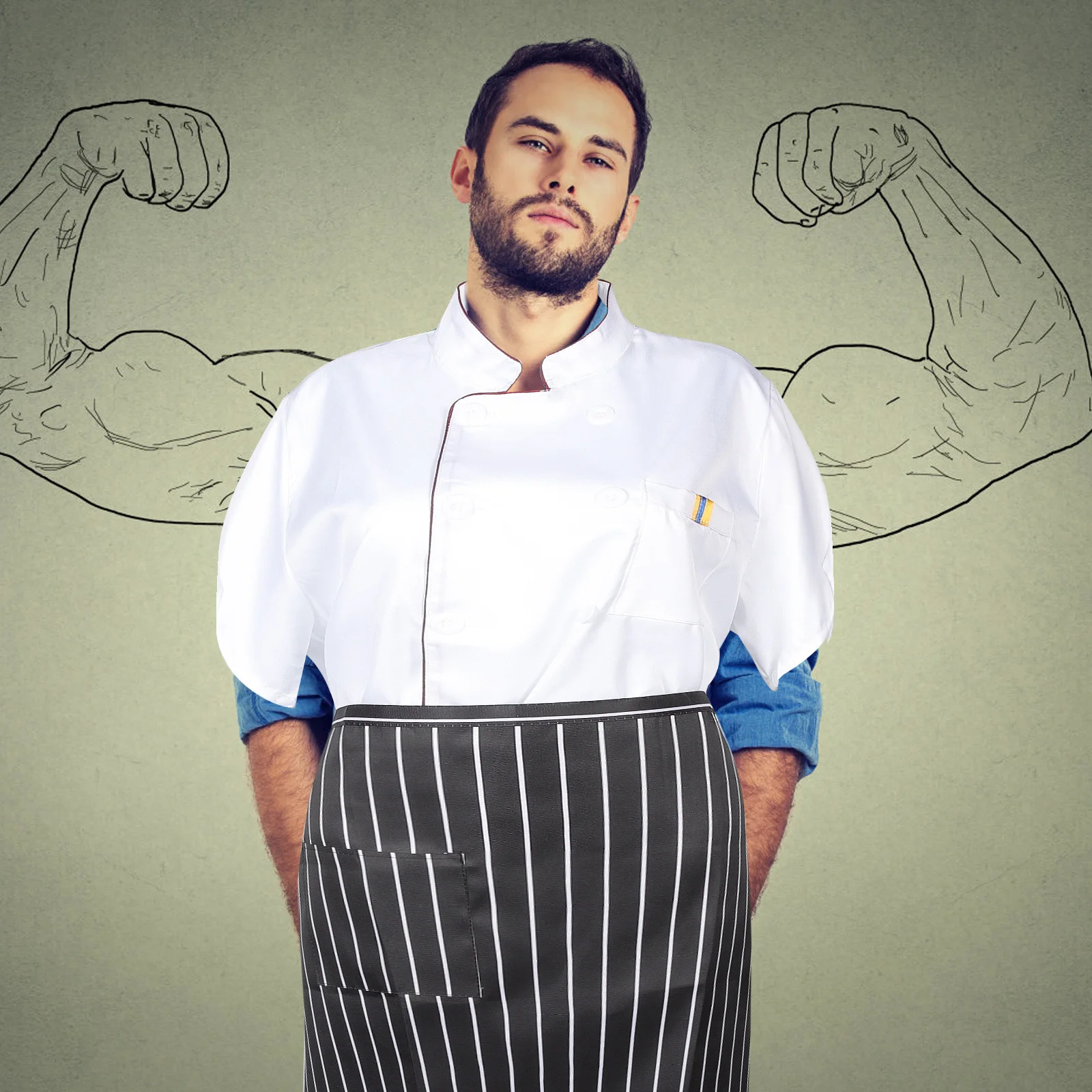 

1 set 1 Set Restaurant Chef Apron Short Sleeve Kitchen Uniform Pocket Grease Proof Cooking Protector Unisex Chef Coat Men Women