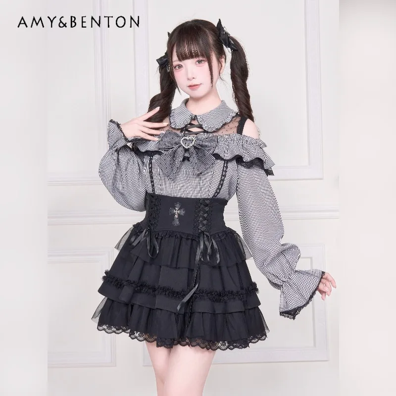 เสื้อเชิ้ตแขนยาวลายจุดสไตล์โลลิต้าญี่ปุ่น ซีรีส์ Mine สำหรับผู้หญิง ผลิตจำนวนมาก แนวซับคัลเจอร์ แต่งลูกไม้ ไหล่เฉียง ดีไซน์หวาน