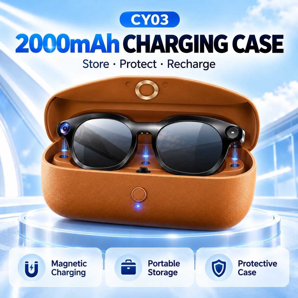 CY03 AI Smart Glasses 8MP Camera 1080P Video 2000mAh Charging Case Real Time Translation Bluetooth Eyewear