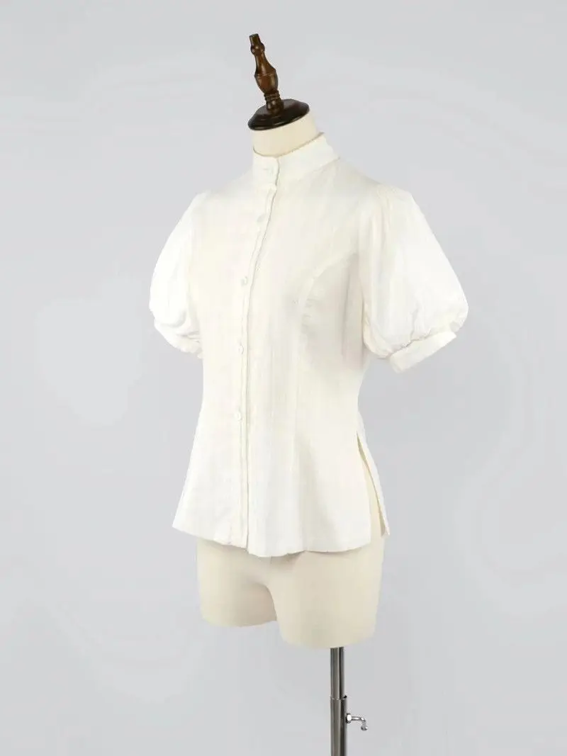 Lolita Cute Blouse Women Summer Cotton Short Sleeve Shirt Slim Fit Basic Top Versatile Black White Puff Sleeve Kawaii Inner Wear