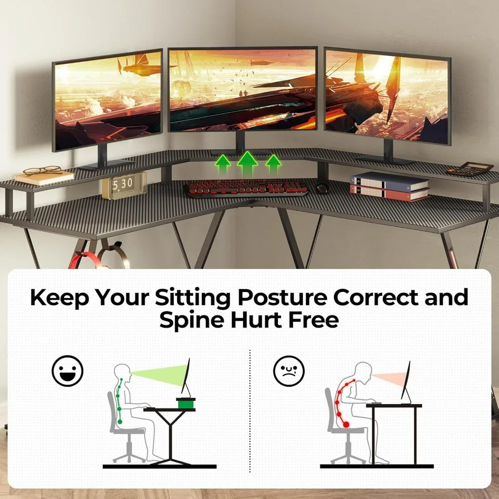 L-Shaped Gaming Desk with LED Lights, Power Outlets, Monitor Stand, Carbon Fiber Surface - Black