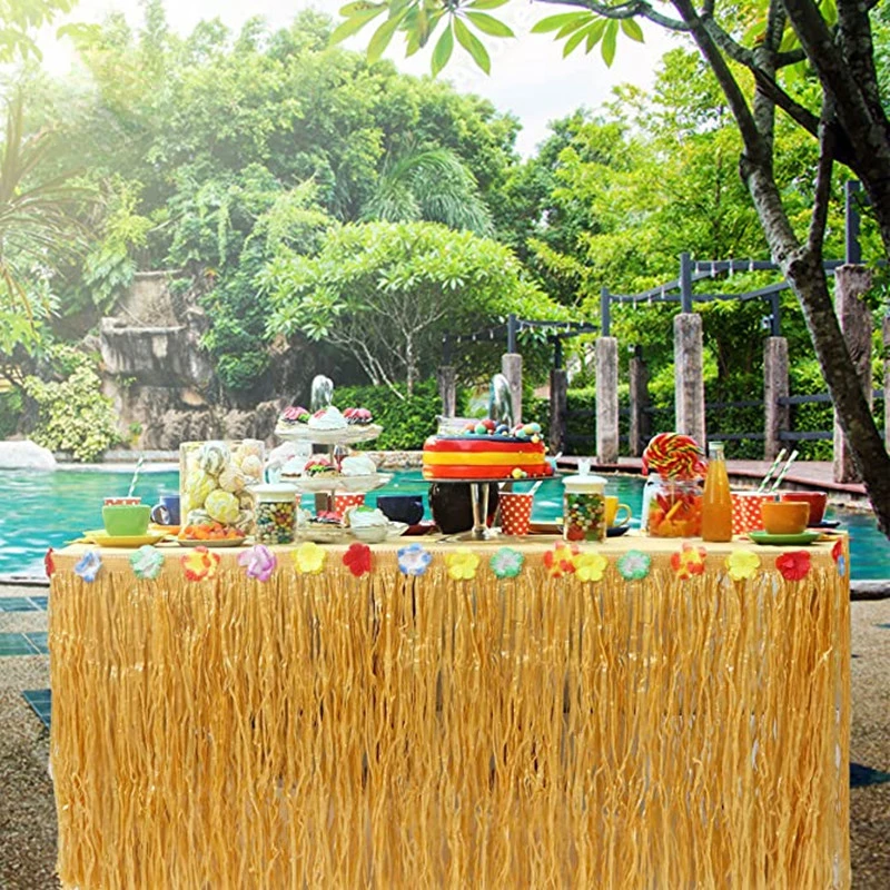 Straw Color Luau Grass Table Skirt Straw Hawaiian Tiki Moana Theme Party Supplies for Tropical Hawaii Party Birthday Decorations