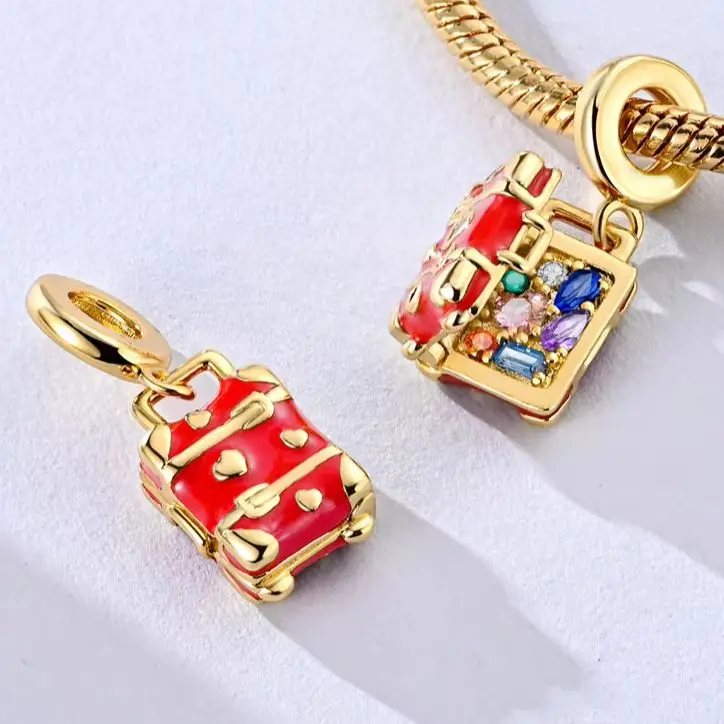 

Dangle Charm Gold 925 Silver Red Suitcase Openable Pendant Fit Bracelet Necklace Diy Original Jewelry