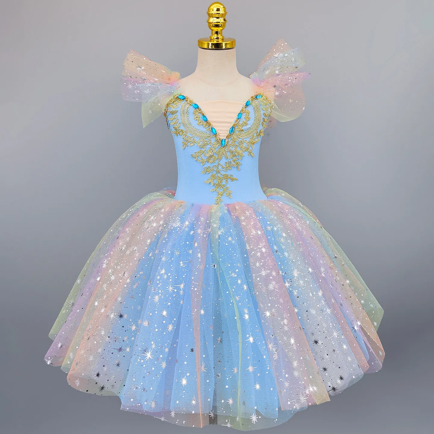 Professional Ballet Tutu Dress Black Velvet Blue Pink Thread Tulle Skirt Mesh Shoulder Sleeve Kids Ballerina Outfit