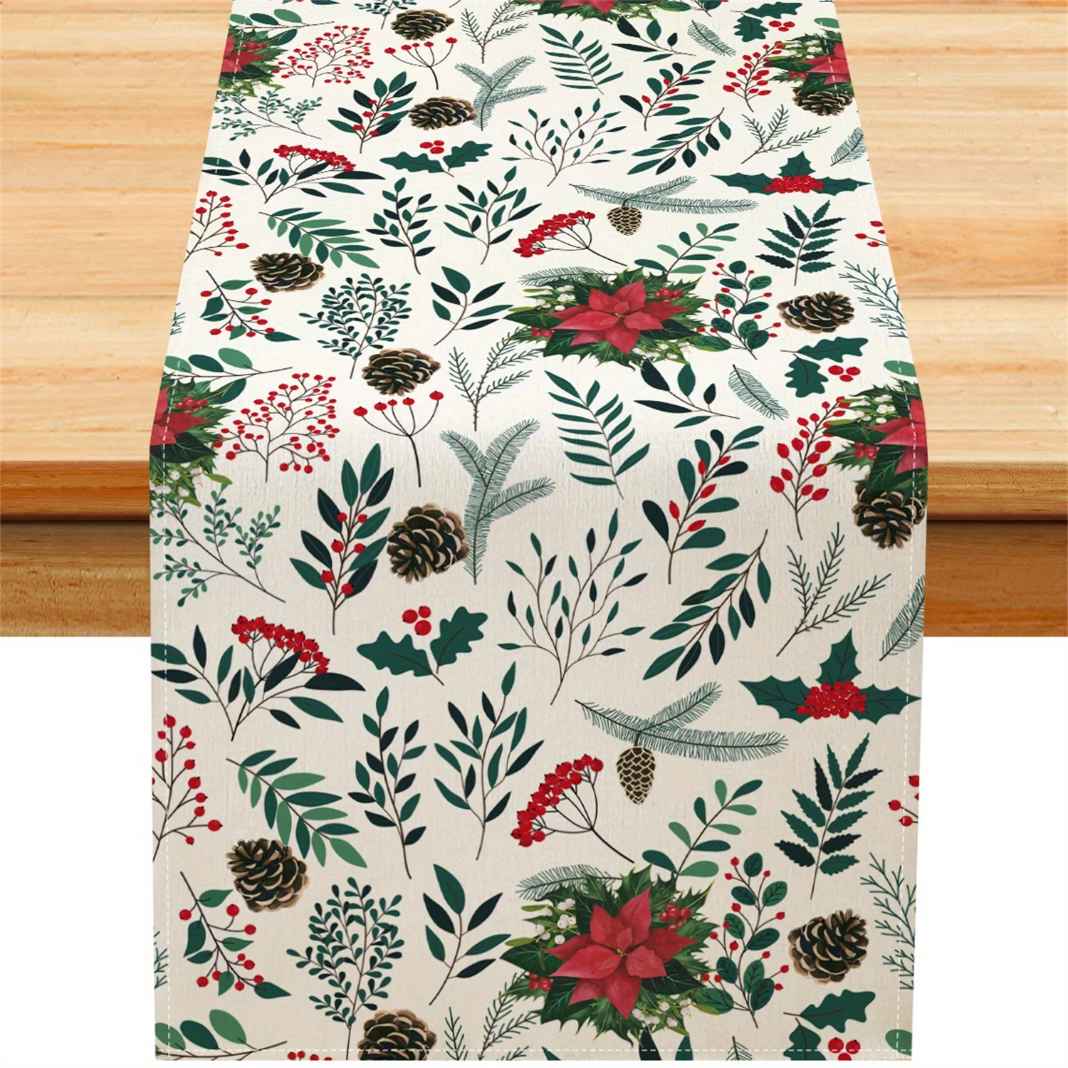 Christmas Poinsettia Holly Pine Cone Linen Table Runner Party Decor Winter Xmas Kitchen Dining Table Runner Christmas Decoration