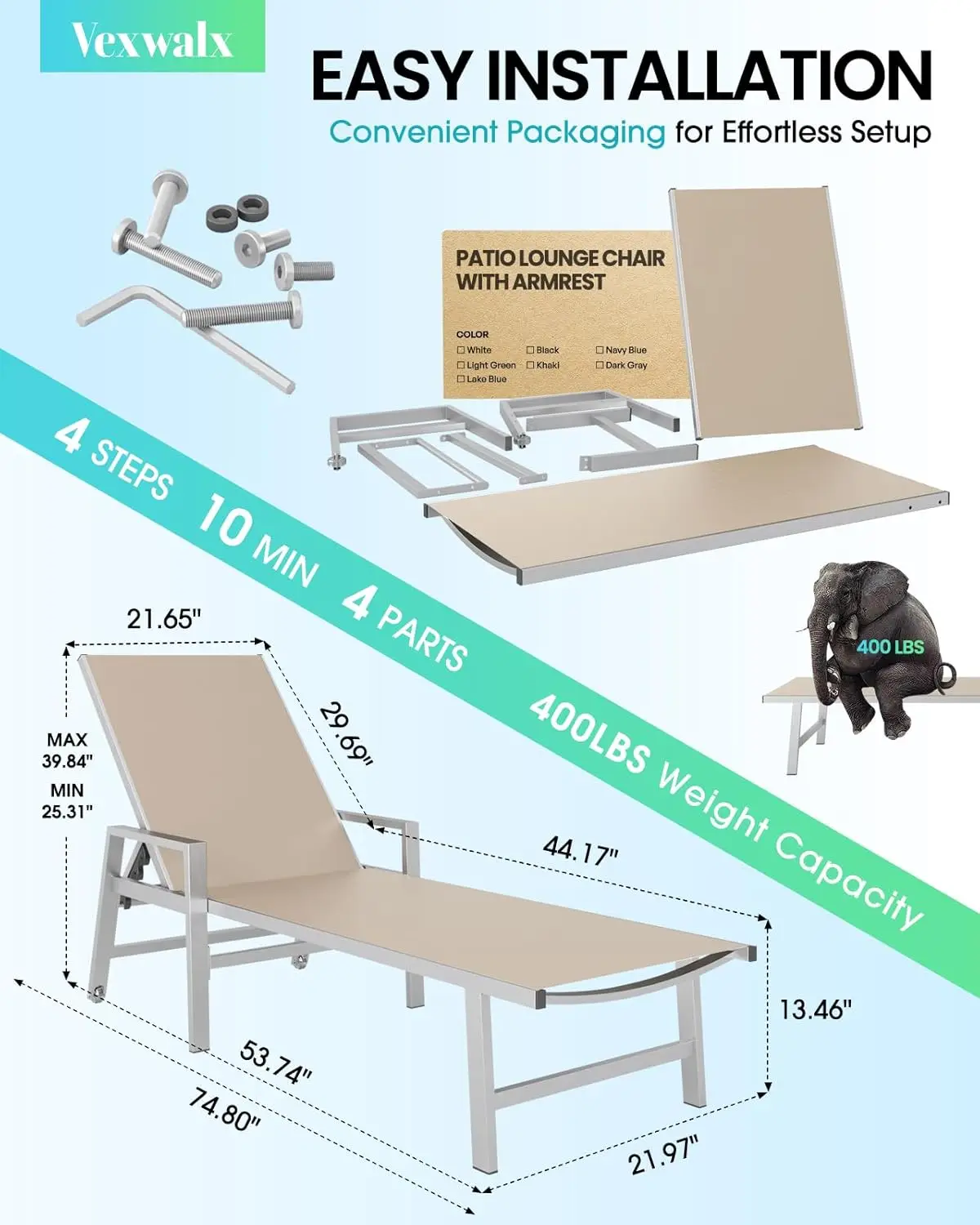 Sillón reclinable para terraza, sillón reclinable de aluminio para piscina con ruedas y reposabrazos, un juego de 2 sillones reclinables ajustables de cinco posiciones Khakis