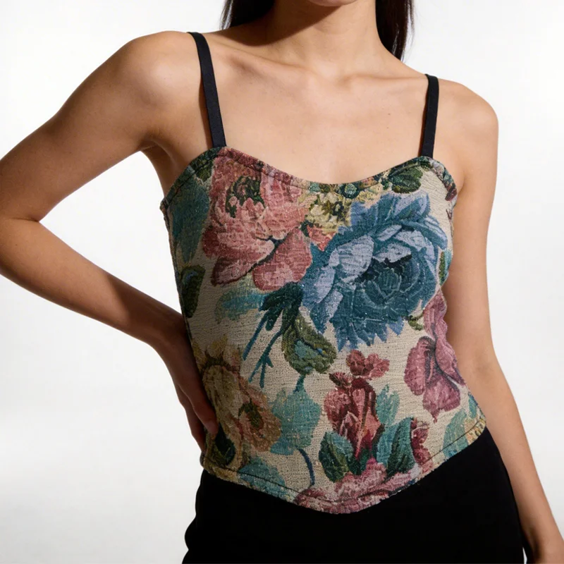 Summer Female Retro Corset Tops French Style Vintage Elegant Chic Design Floral Slim Fit Tank Tops Fashion Camisoles With Padded