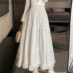 Summer White Floral Long Skirt Womens Y2k Clothes Fashion Elastic High Waist Casual Elegant Spliced Gauze Skirts for Women 2024