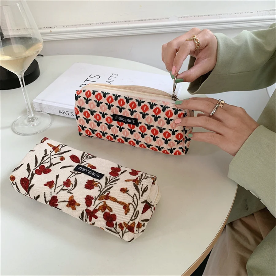 Cute Floral Corduroy Pencil Case Small Cosmetic Lipstick Travel Portable Storage Bag Stationery Pen Makeup Bag Handbag Organizer