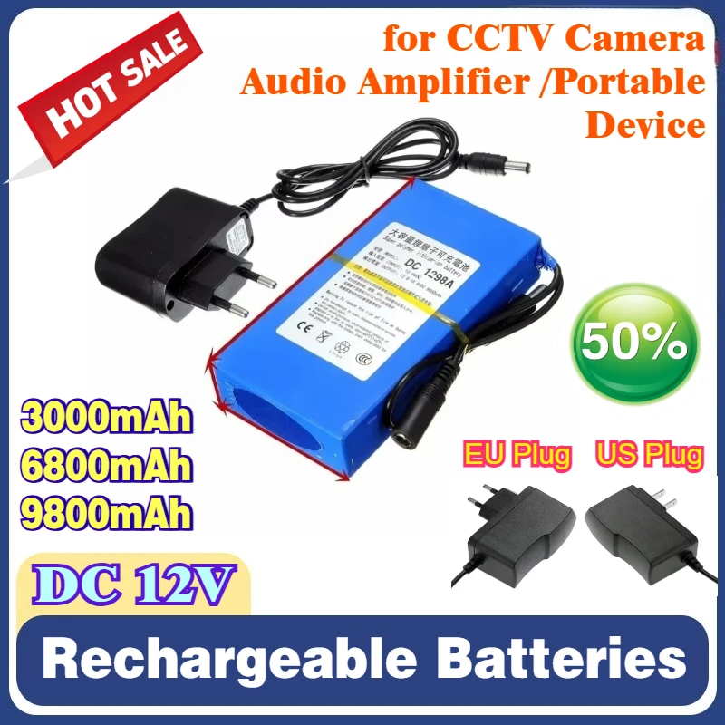 DC 12V 3000mAh 6800mAh 9800mAh Li-Polymer Battery Pack with 12.6V Charger for CCTV Camera/Audio Amplifier/Portable Device