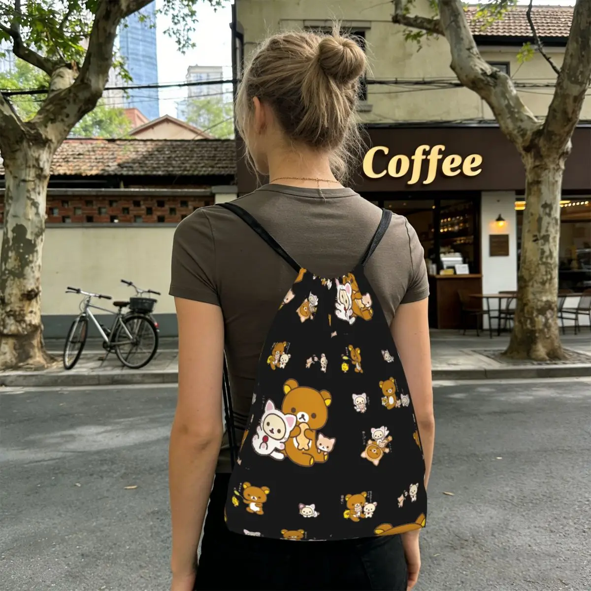 Rilakkuma Sakura Backpacks Casual Drawstring Bags Storage Bag Book Bags for Travel School