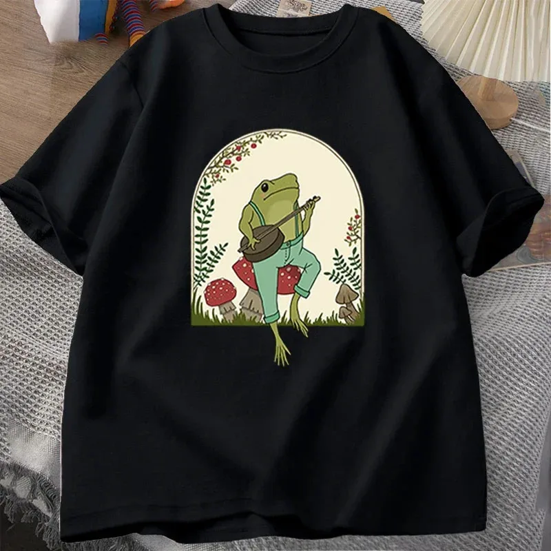 Cute Cottagecore T-shirts Aesthetic Frog Playing Banjo on Mushroom T Shirt Men Summer Cotton Short Sleeve Tee Shirt Mens Clothes