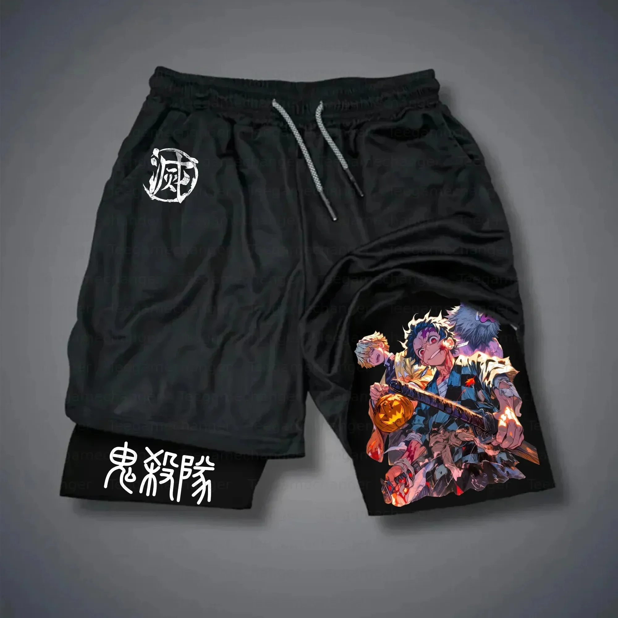 Teegamechanger Demon Slayer Inosuke Hashibira Boar Mask กางเกงขาสั้นสีดำผู้ชายผ้าฝ้ายลำลองฤดูร้อนสตรีทแวร์แฟชั่นอะนิเมะกราฟิก