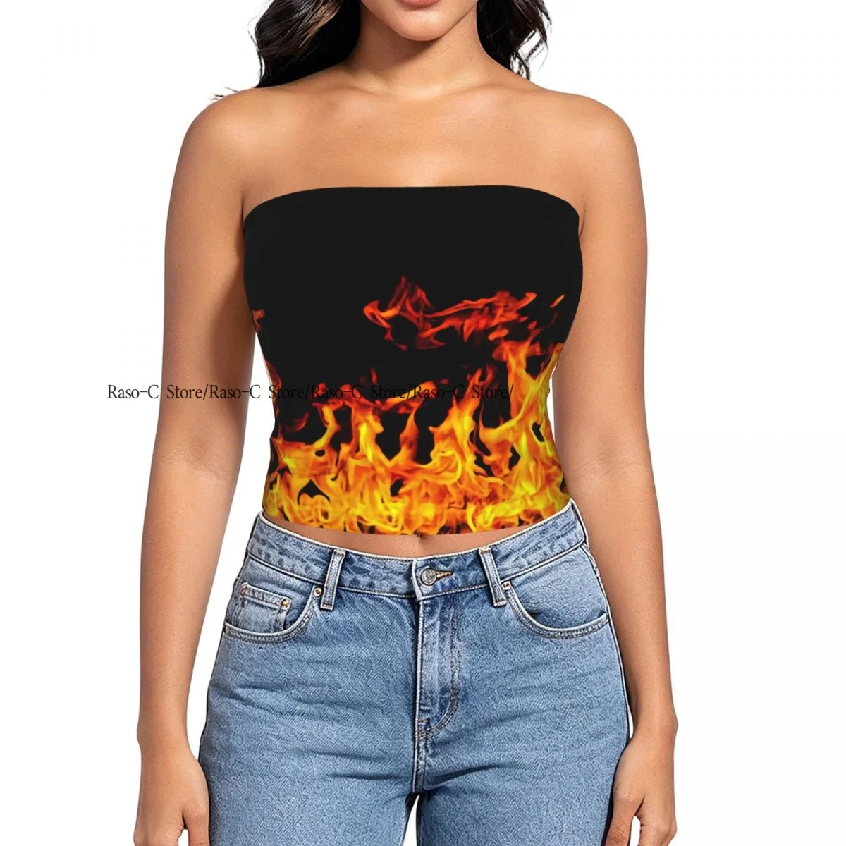 Women's strapless halter top Blooming Fire summer sexy short-sleeved top