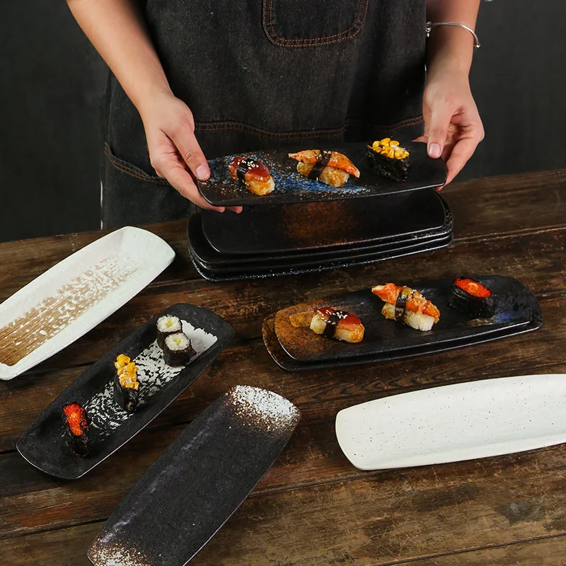 Cross border Japanese style ceramic long plate rectangular plate folded Dim sum plate creative cuisine sushi sashimi