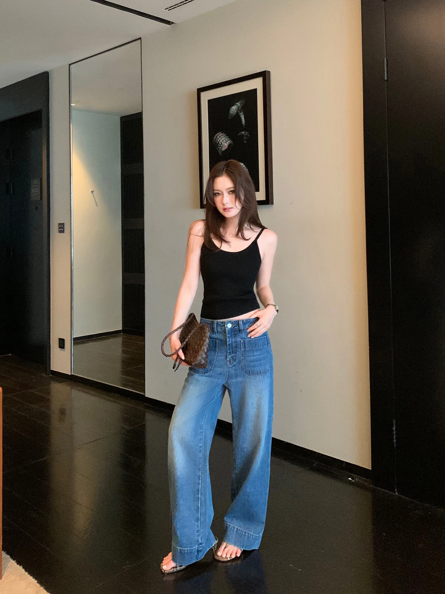Pusumede Vintage High Waist Straight Leg Nine Crop Women's Loose Wide Leg Jeans Washed Denim Ladies Standard Fit Cotton Jeans