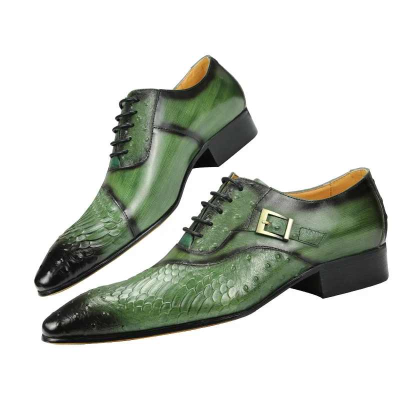 Luxury Men Oxford Shoes British Carved Fashion Dress Leather Shoes Pointed Shoes Trendy Lace-up Green Black Formal Shoes Men