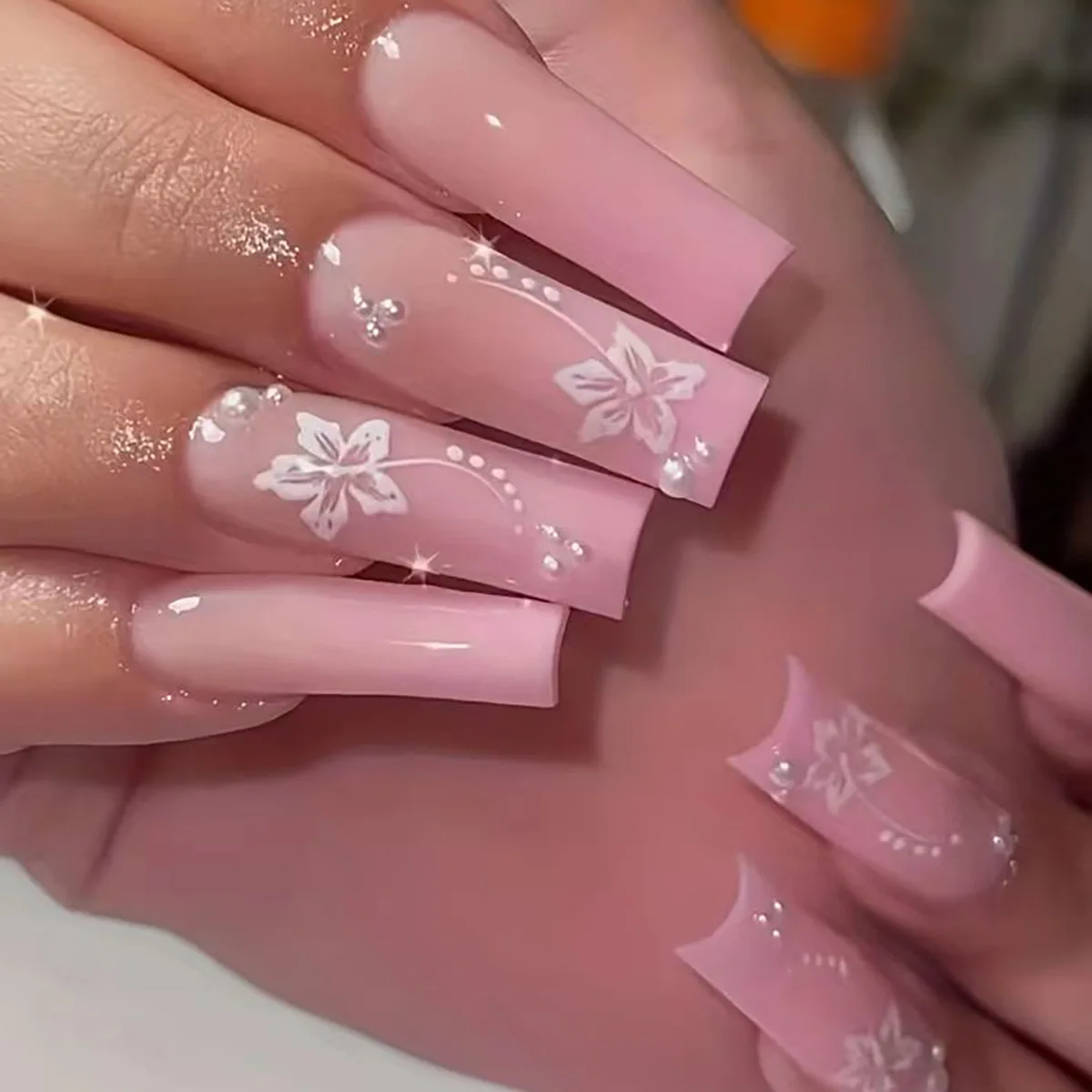 24 stks Zwarte Franse Nep Nagels Sets Vlinder Strass Ontwerp Lange Vierkante Druk op Nagels Art Afneembare Doodskist Valse Nagel Tips