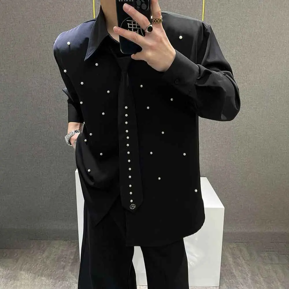 Men Autumn Shirt Tie Pearl Stitching Shoulder Pad Casual Shirt Streetwear Fashion Nightclub Stage Performance Top Men'S Clothing