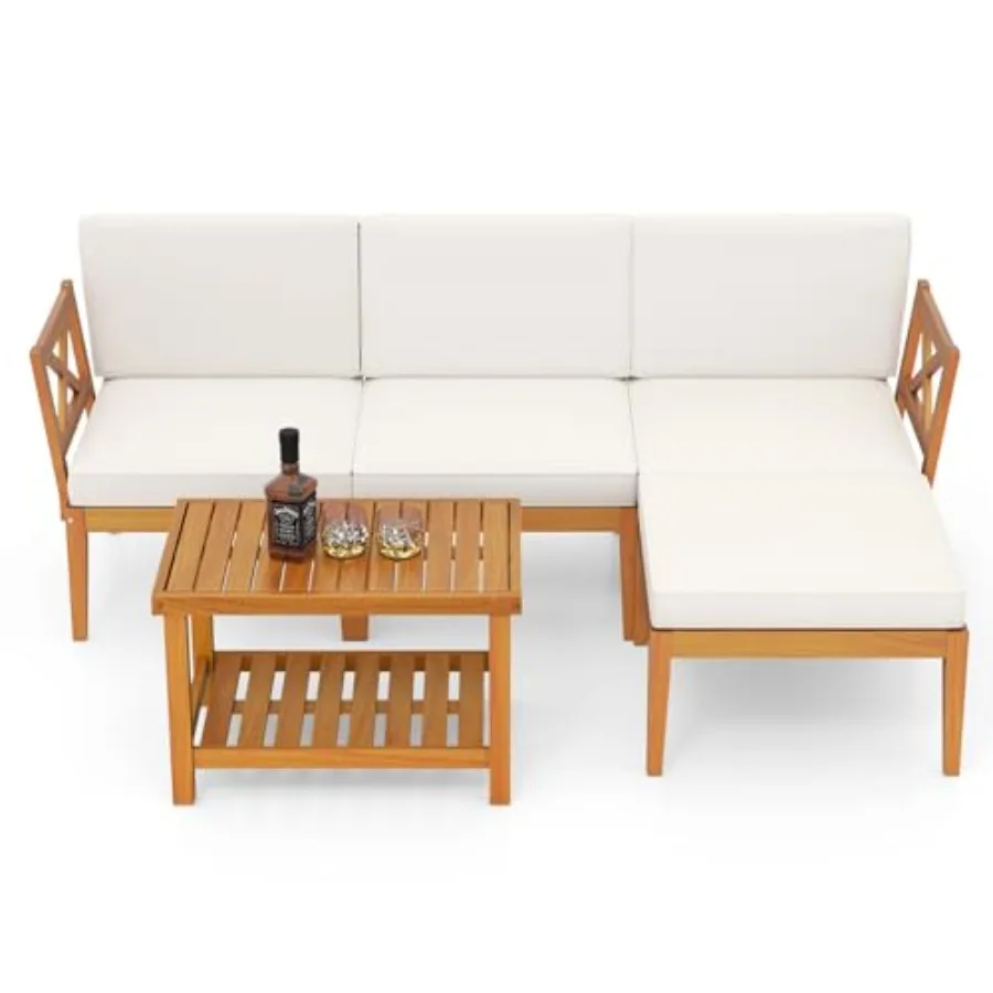 

HAPPYGRILL 5 Pieces Acacia Wood Patio Furniture Set Outdoor Sectional Couch with 2-Tier Coffee Table and Cushions L Shaped Outd