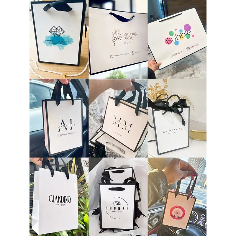 10 Pcs Personization Your Logo Text Black Paper Bags For Small Business Gifts Bags Bow Tie Elegant White Logo Gifts Paper Bags