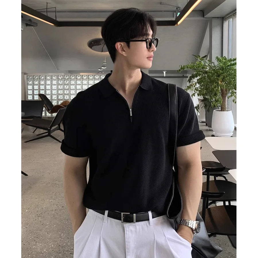 Summer Half-Zip British Lapel Ice Silk Short Sleeve Knit Polo Shirt Men's Business Casual Top
