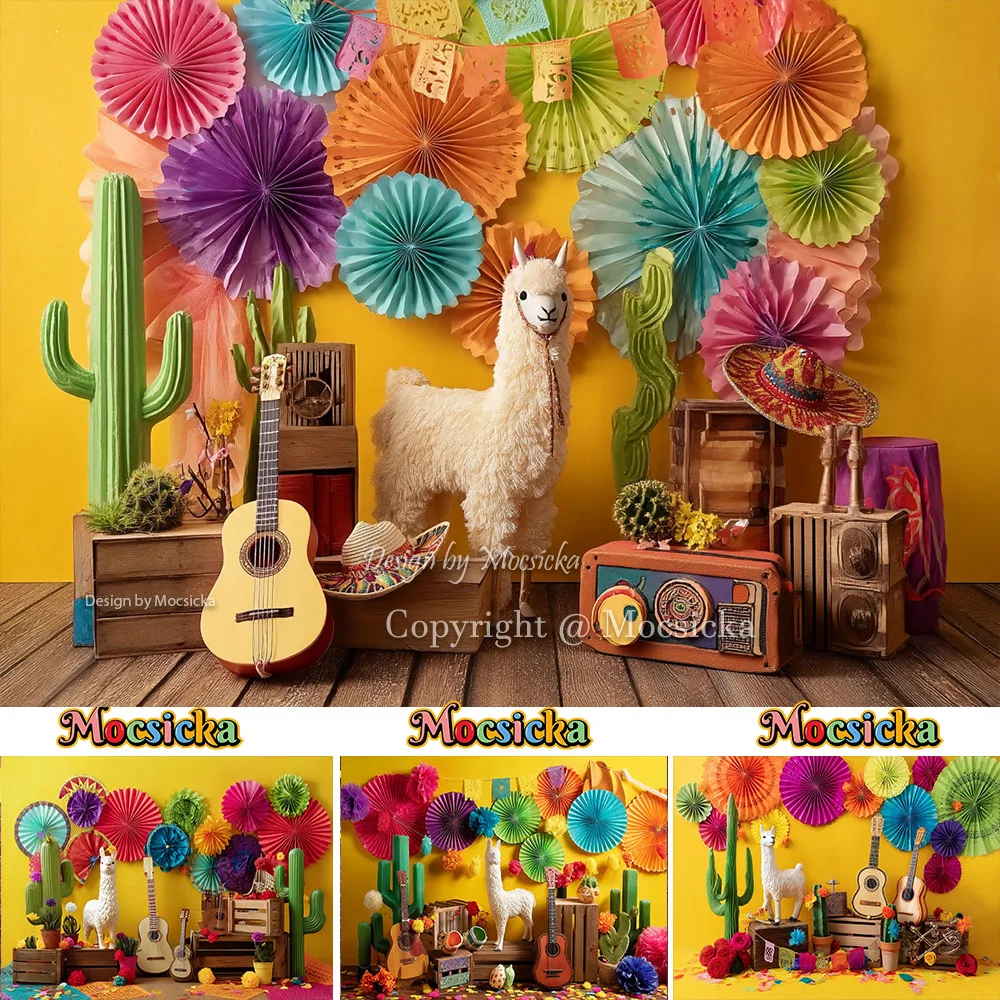 Mocsicka Mexican Fiesta Backdrop Colorful Paper Fan Llama Cactus Background Kids Cake Smash Baby Shower Birthday Party Studio