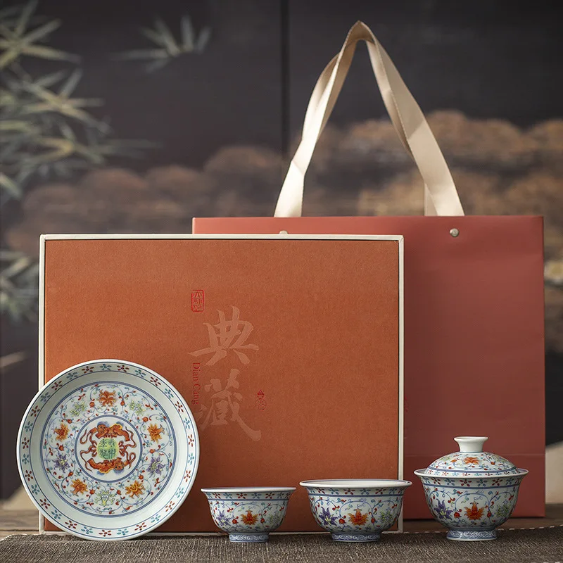 Handmade Jingdezhen Blue White Sancai Gaiwan Set Hover Lid Underglaze Porcelain Kung Fu Tea Set Gift Box Home Office