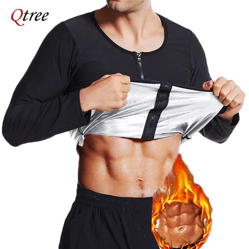 

Qtree Sauna Waist Trainer Men Weight Loss Sheath Long Sleeves Tops Sweat Shapewear Slimming with Zipper Hot Thermal Body Shaper