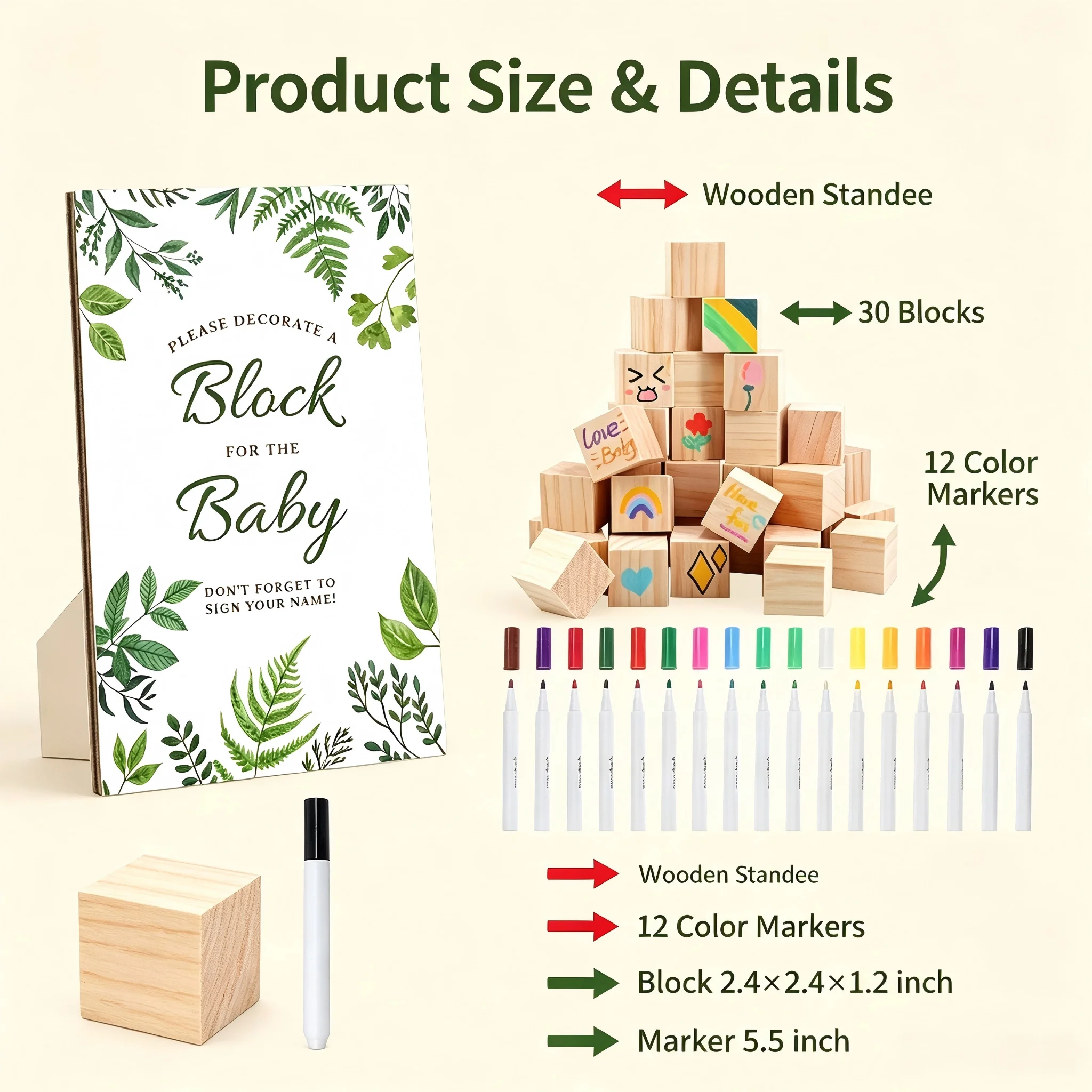 1 Set Baby Shower Decorate A Block Game Kit, 30 Blank Wooden Blocks, Wooden Sign, 12 Markers, Guest Book Keepsake Party Supplies