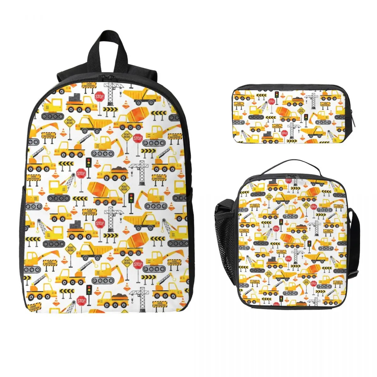 Road Work Watercolor Construction Vehicles Backpack BookBag School Bag Shoulder Bags 3ps Insulated Lunch Bag Pencil Case