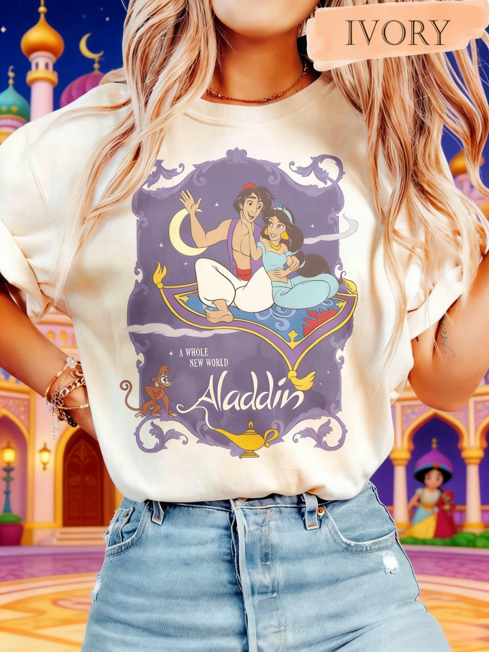 Camiseta con estampado de Jasmine Aladdin de Disney para hombre y mujer, camiseta informal de algodón de calidad, holgada, de manga corta, clásica, unisex, verano 2026