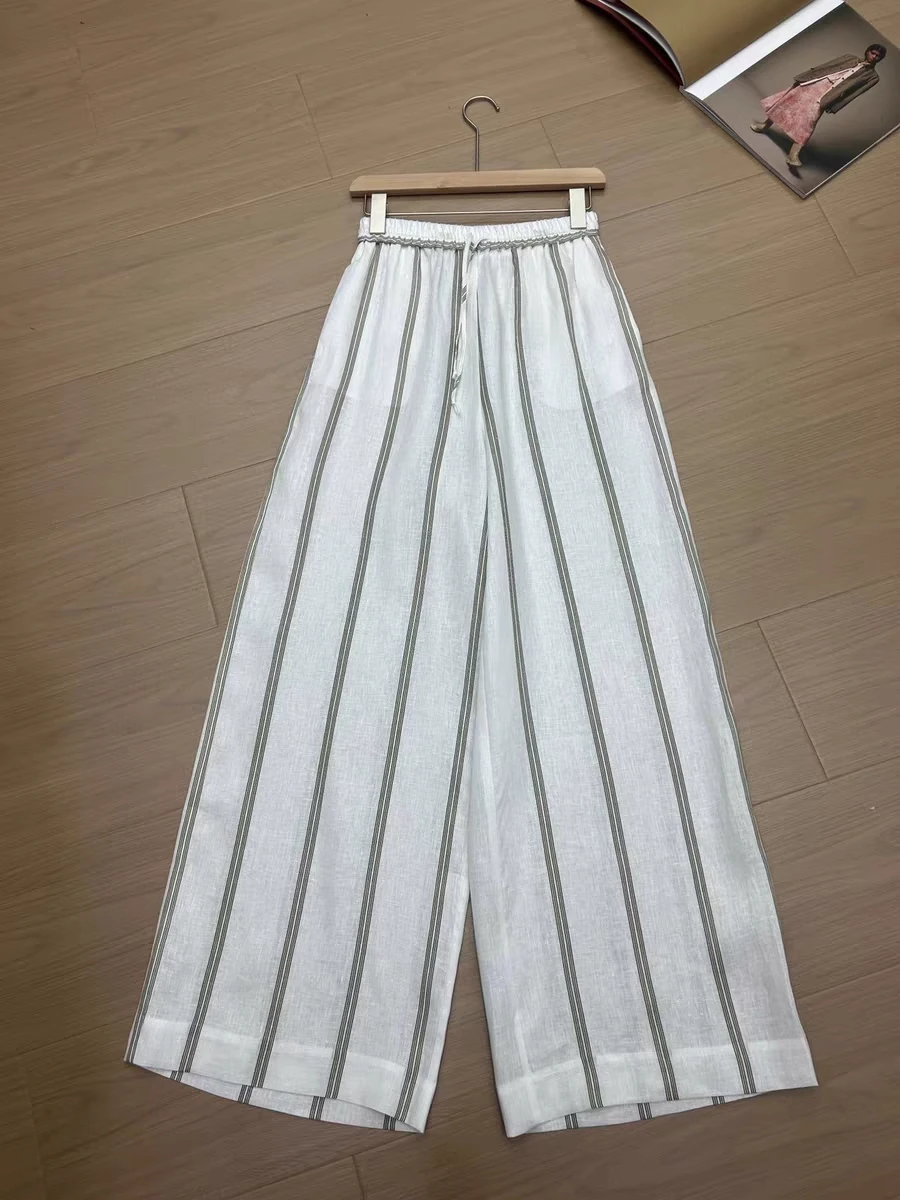 Summer L*P Women's Leg Pants Linen High Waist Straight Wide Light Thin Pants Female Vacation White Full Long Striped Trousers