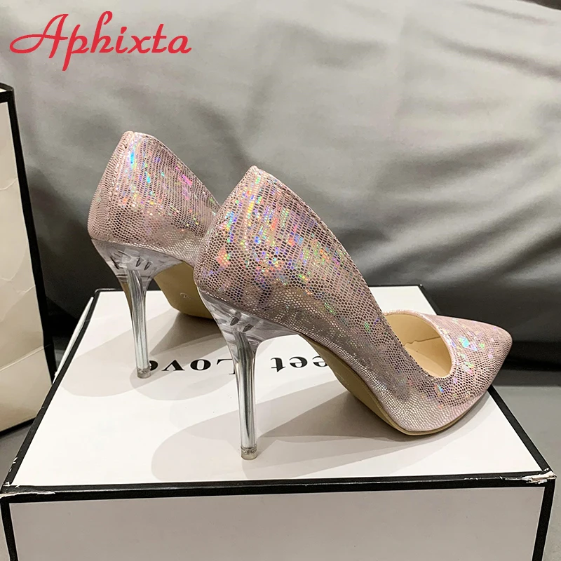 Aphixta 10cm High Tansparent Stiletto Heels Women Pumps Dazzle Colorful Official Party Shoes Big Size 33-50