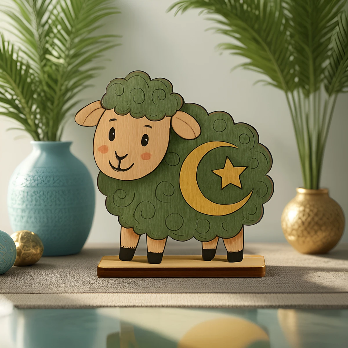 Eid Mubarak Wooden Green Sheep Desk Ornament with Moon and Star Design, Islamic Eid Festival Decor, Home Table Decoration Gift